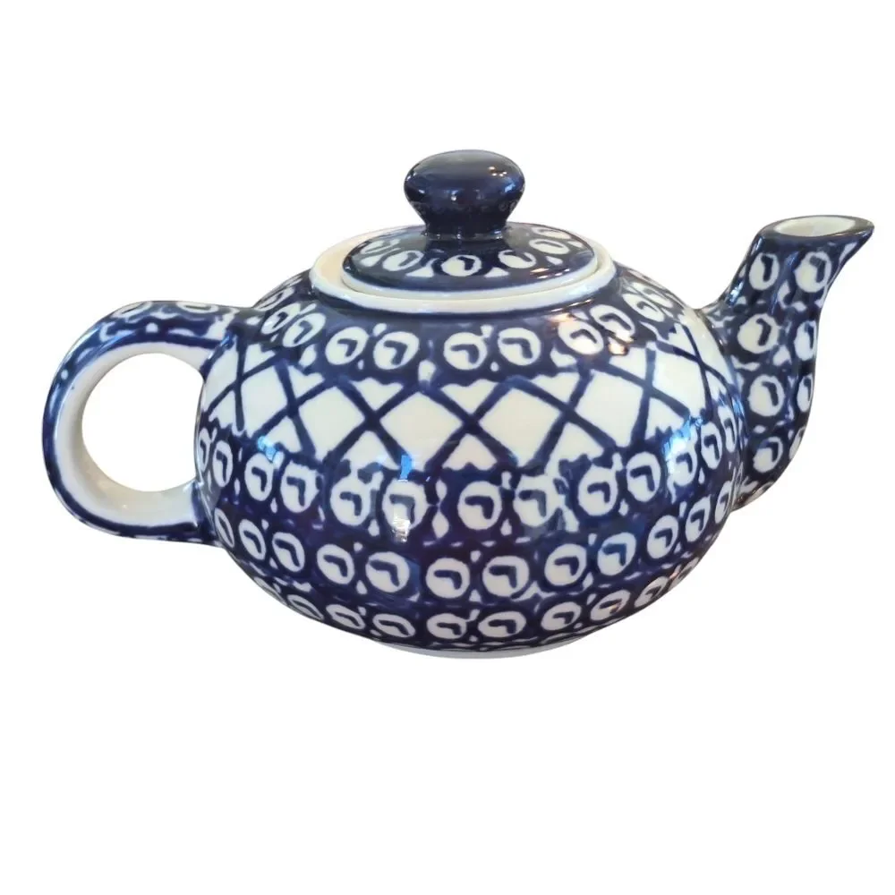 Polish Pottery Authentic Bolesławiec Teapot Hand Made 16 Oz 1 Pint BLUE 2 cups